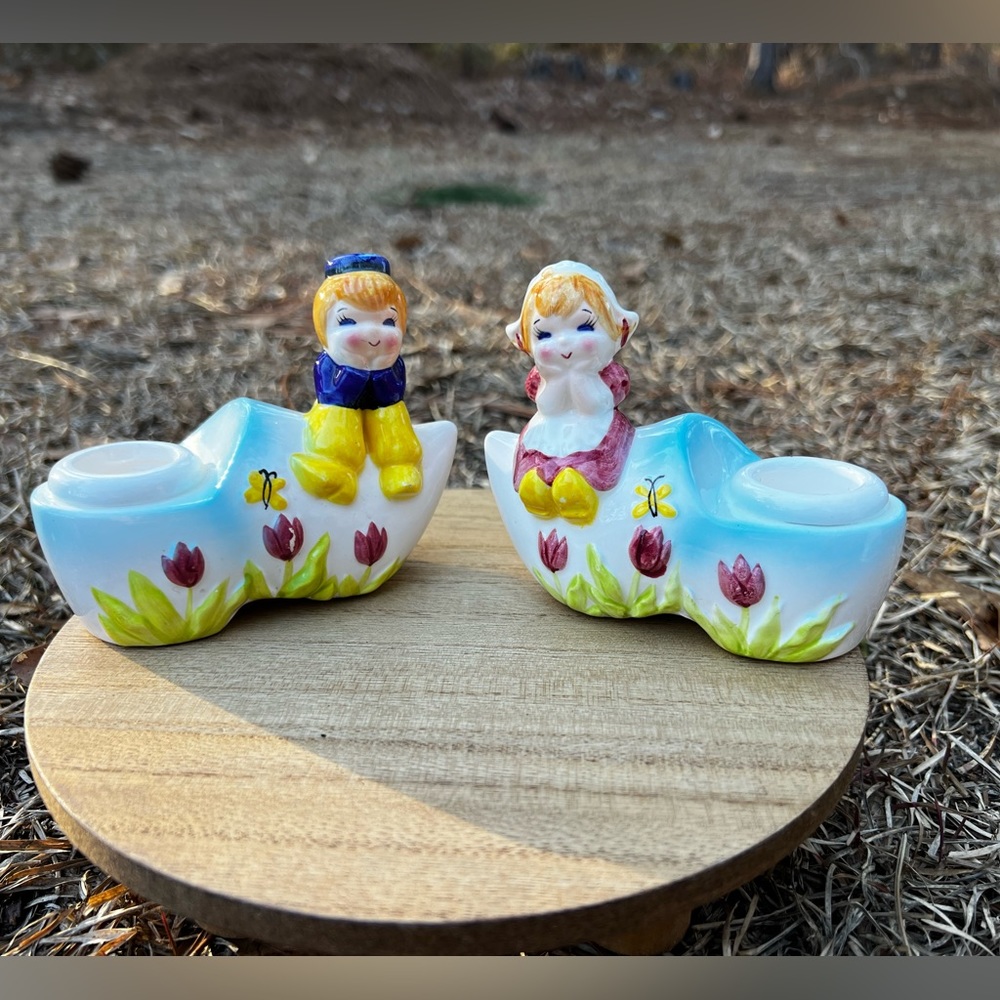 VINTAGE LEFTON DUTCH BOY AND GIRL CANDLE HOLDERS  4041 4042 JAPAN  VGC